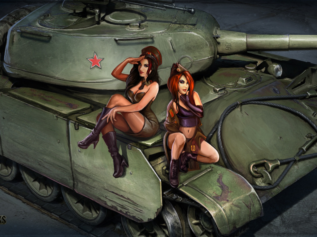 Обои для рабочего стола. девушки, рисунок, арт, танк, советский, средний, W...