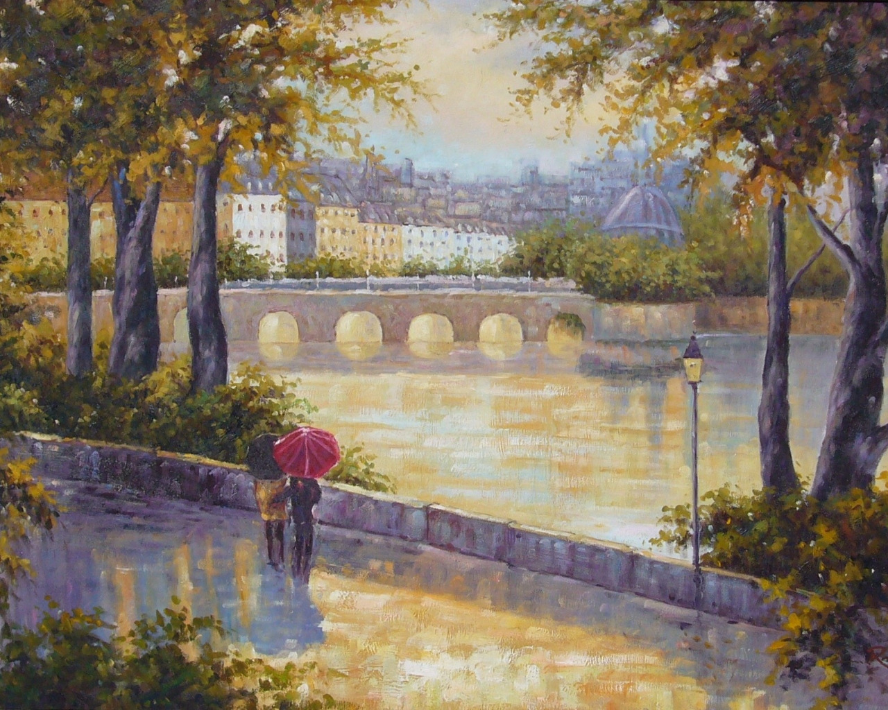 Картина реки в городе