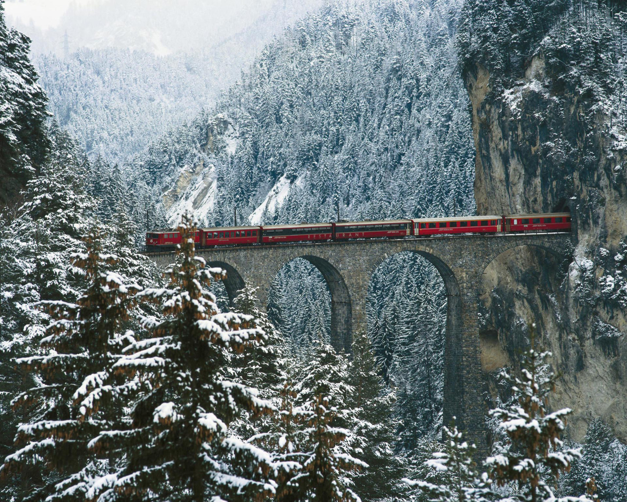 Скачать обои зима, снег, деревья, горы, мост, поезд, вагоны, тоннель, разде...