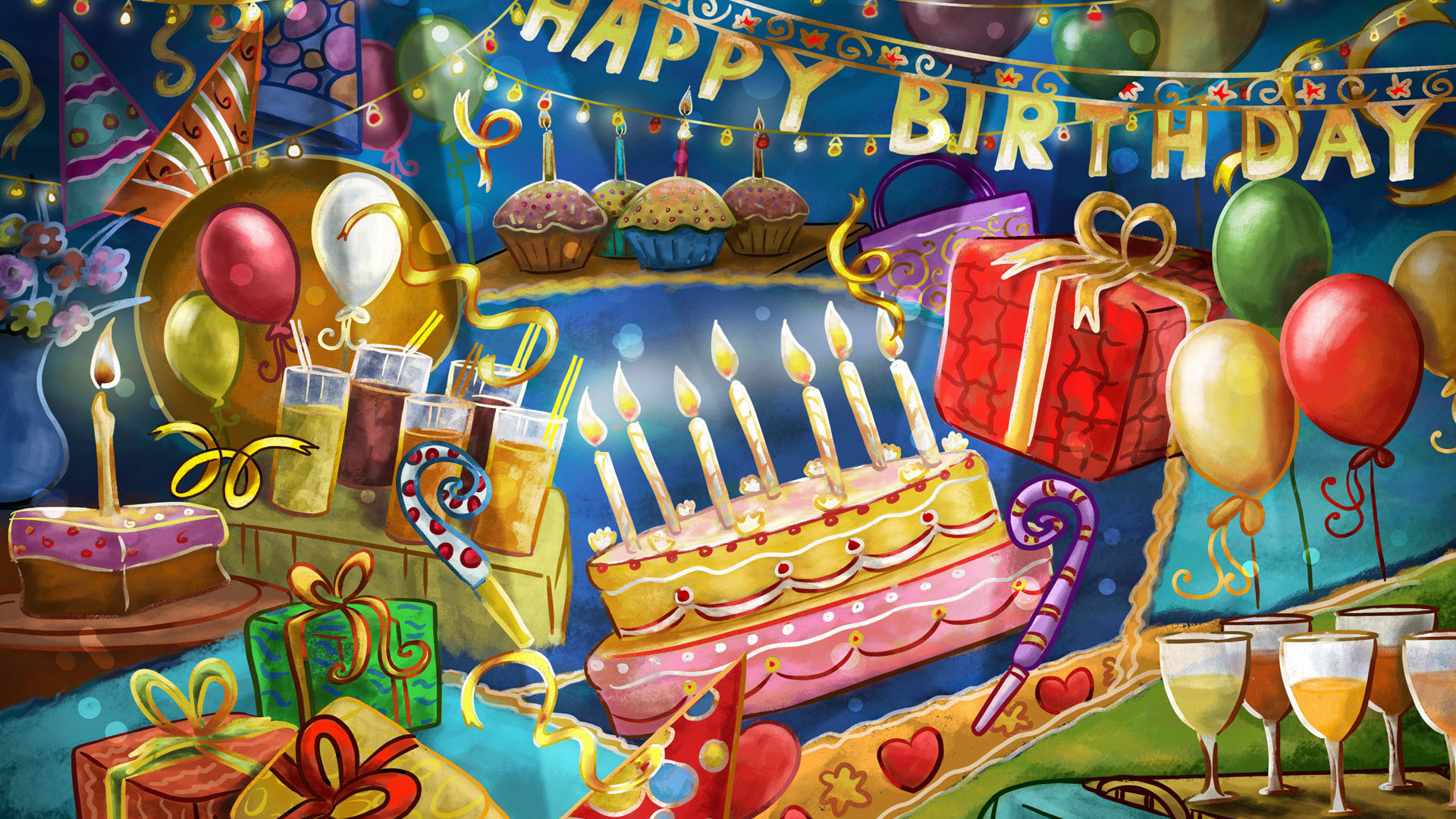 Скачать обои шарики, день рождения, праздник, подарки, торт, happy, поздрав...