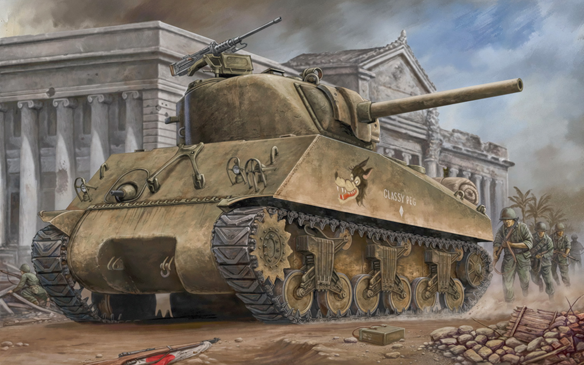 Обои для рабочего стола. war, art, painting, tank, ww2, m4a3 Sherman. 