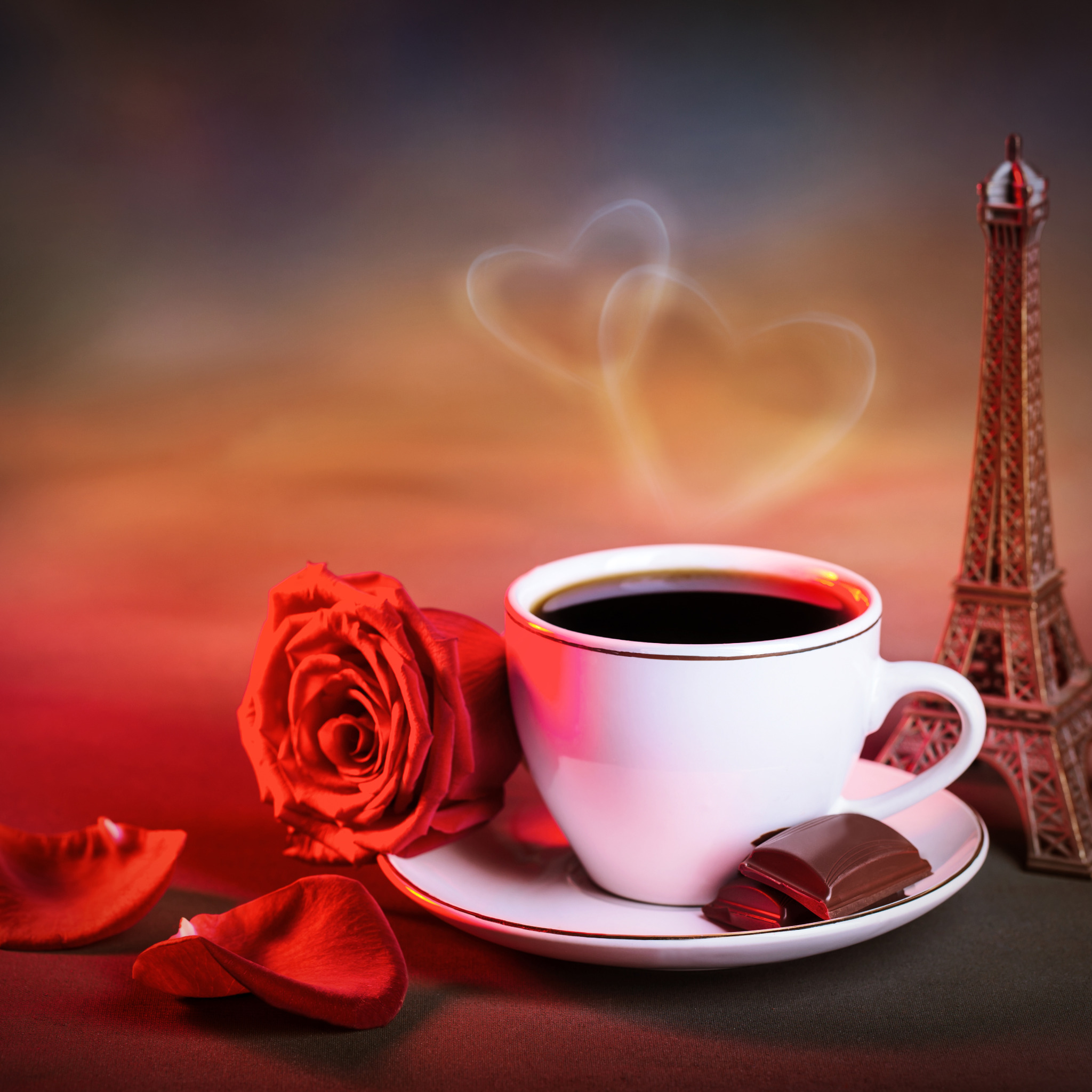 сердце, роза, кофе, шоколад, лепестки, пар, чашка, статуэтка, Эйфелева башн...