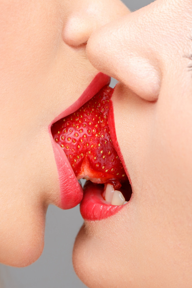 kiss, lips, strawberry, sensuality. 