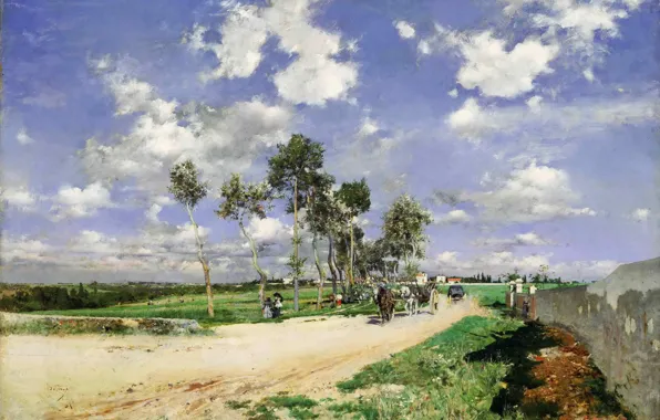 Картинка дорога, лес, небо, трава, облака, деревья, пейзаж, люди, лошадь, картина, горизонт, повозка, Giovanni Boldini