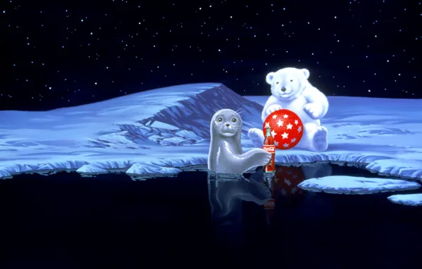 Картинка вода, звезды, снег, красный, мяч, тюлень, мишка, coca-cola, seal, winter, кока-кола, snow, New Year, holiday, …