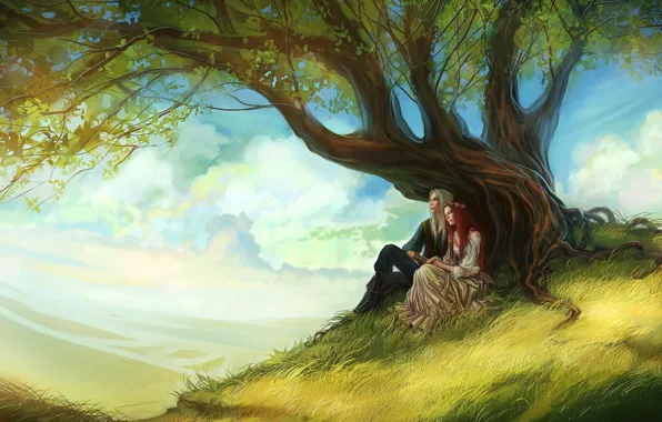 Картинка небо, листья, девушка, облака, дерево, арт, парень, рыжие волосы, длинные волосы, влюбленная пара, anndr