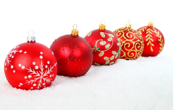 Картинка снег, шары, узоры, игрушки, Новый Год, Рождество, красные, Christmas, золотые, New Year, серебристые, елочные, новогодние