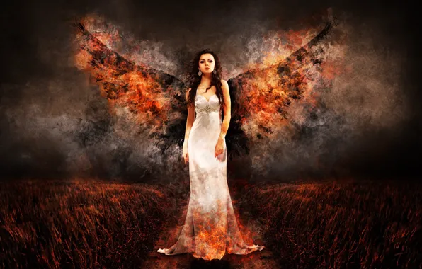 Картинка поле, девушка, ночь, огонь, крылья, ангел, платье, стоит, в белом, Angel of Fire