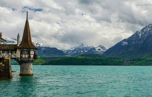 Картинка небо, горы, озеро, башня, Швейцария, Оберхофен, oberhofen