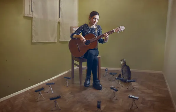 Картинка кошка, девушка, музыка, гитара