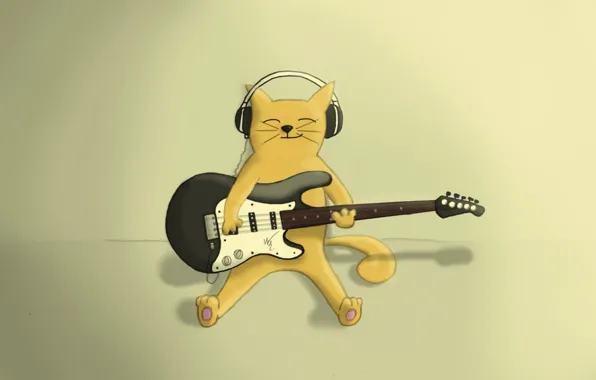 Картинка кот, гитара, наушники, играет, ухмылка