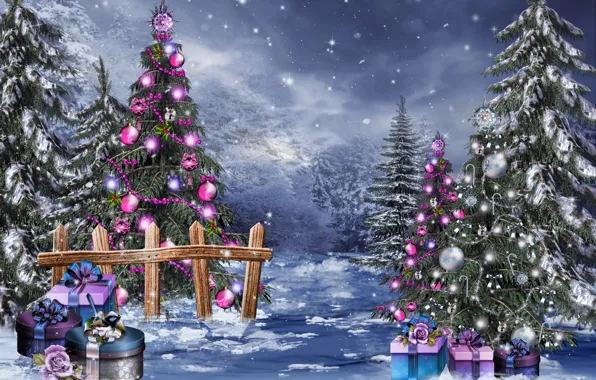 Картинка зима, снег, шары, волшебство, игрушки, елки, Рождество, подарки, Новый год, бусы, Christmas, коробки, New Year