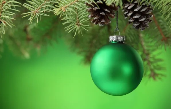 Картинка зеленый, игрушки, елка, шар, ель, ветка, шарик, Новый Год, Рождество, Christmas, шишки, New Year, елочные