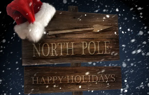 Картинка зима, снег, ветер, праздник, шапка, новый год, стрелка, указатель, северный полюс, вьюга, new year, санта …