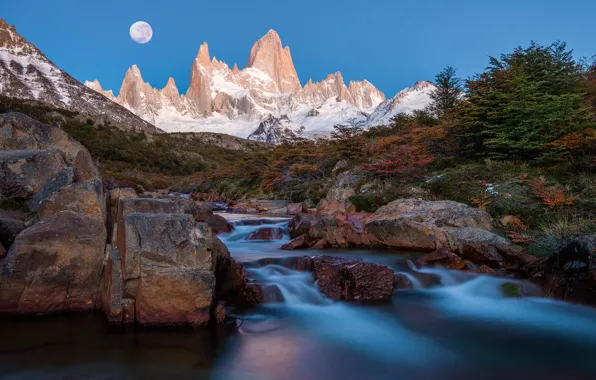 Картинка горы, ночь, река, луна, поток, пики, Аргентина, Анды, Южная Америка, Патагония