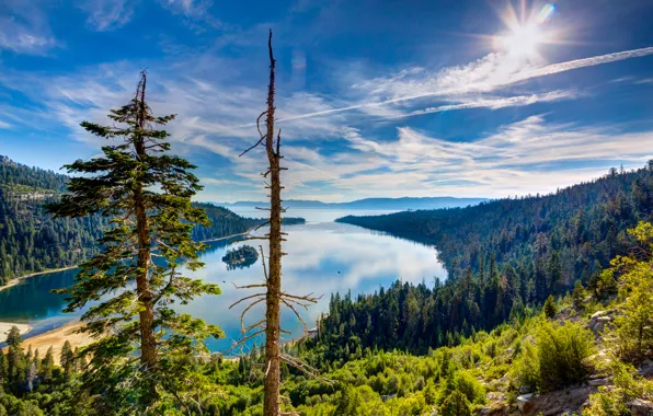 Картинка лес, небо, солнце, облака, деревья, горы, озеро, камни, Калифорния, США, вид сверху, Тахо, Lake Tahoe