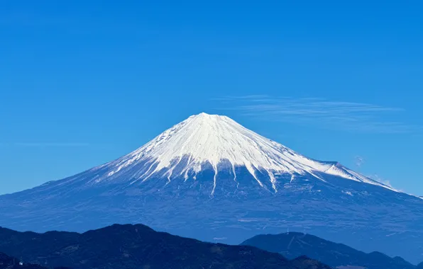 Картинка небо, снег, синий, ландшафт, гора, вулкан, Япония, фудзи, фудзияма
