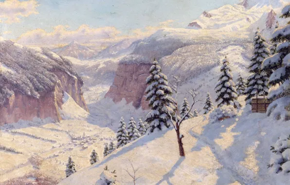 Картинка зима, снег, деревья, пейзаж, горы, елки, картина, сугробы, тропинка, Борис Бессонов