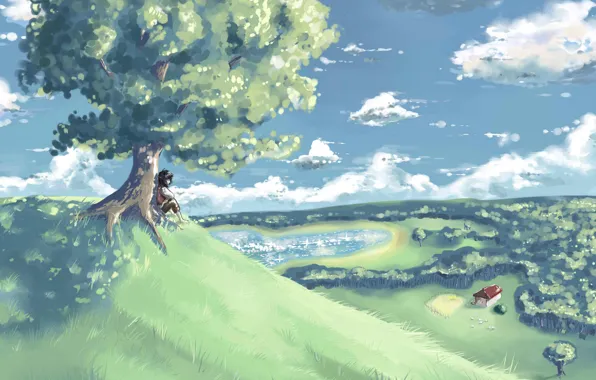 Картинка озеро, дерево, человек, холм, арт, нарисованный пейзаж