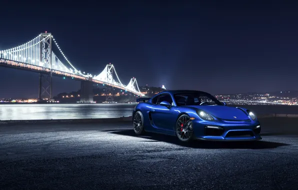 Картинка Porsche, Cayman, Car, Blue, Front, Bridge, Night, Sport, GT4