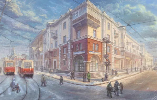 Картинка зима, дорога, машины, город, дом, улица, светофор, фонарь, трамвай, прохожие
