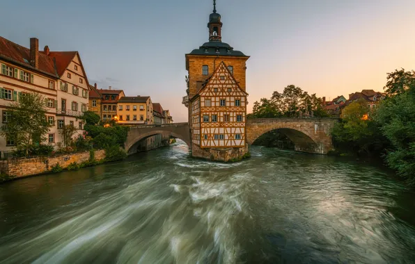 Картинка мост, река, здания, Германия, Бавария, набережная, Germany, Bamberg, Bavaria, река Регниц, Бамберг, Old town hall, …