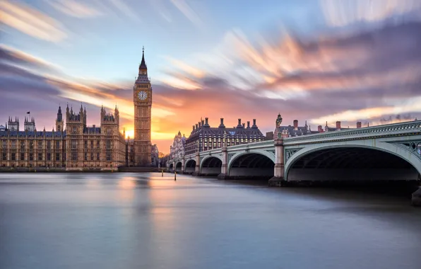 Картинка небо, облака, мост, город, река, Англия, Лондон, выдержка, Великобритания, Биг Бен, Вестминстер