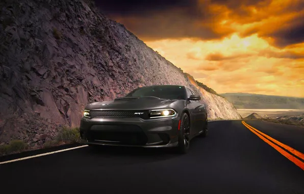 Картинка Dodge, Car, Clouds, Front, Charger, American, Hellcat, SRT, 2015, Route