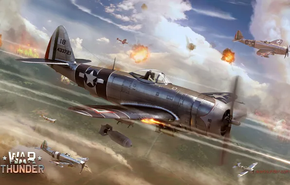 Картинка небо, огонь, война, истребитель, бомбардировщик, Арт, американский, Thunderbolt, P-47, поршневой, одномоторный, Republic, War Thunder