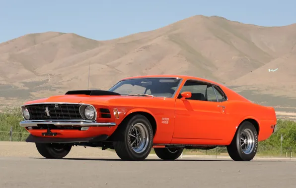 Картинка небо, горы, оранжевый, Mustang, Ford, Форд, Мустанг, мускул кар, классика, 1970, передок, Boss, Muscle car, …