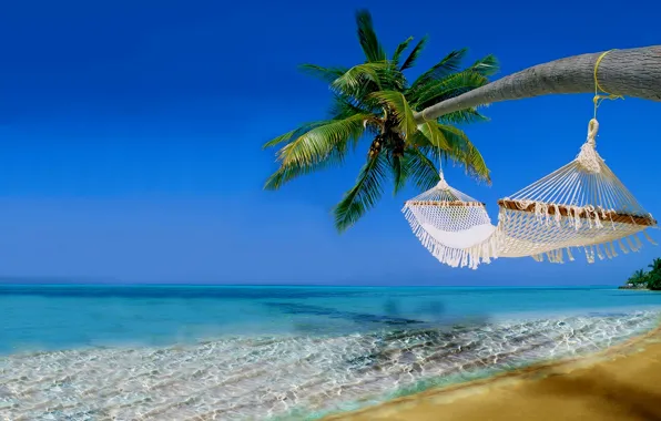 Картинка песок, море, пляж, небо, вода, пейзаж, природа, пальмы, океан, отдых, гамак, beach, sky, sea, ocean, …