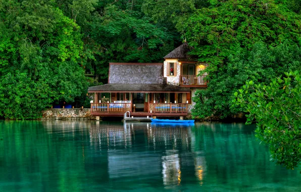 Картинка зелень, листья, вода, деревья, дом, отражение, отдых, остров, Ямайка, Jamaica