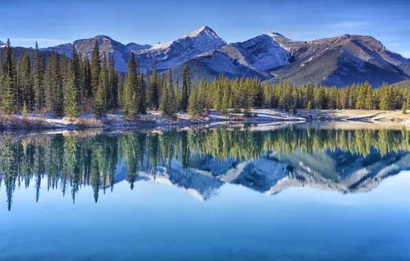 Картинка деревья, горы, озеро, отражение, Канада, Альберта, Alberta, Canada, Канадские Скалистые горы, Canadian Rockies, Кананаскис, Kananaskis …
