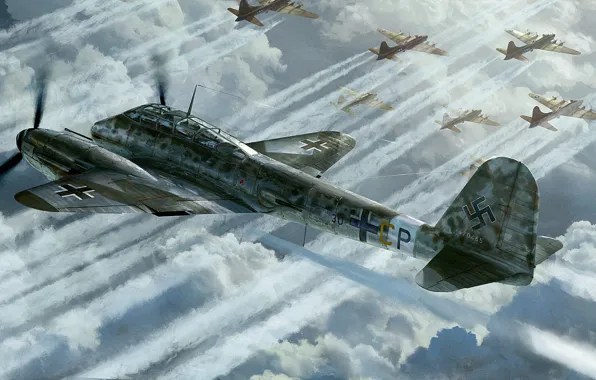 Картинка рисунок, арт, Messerschmitt, Hornisse, б-17, Шершень, Me.410, немецкий тяжелый истребитель-бомбардировщик