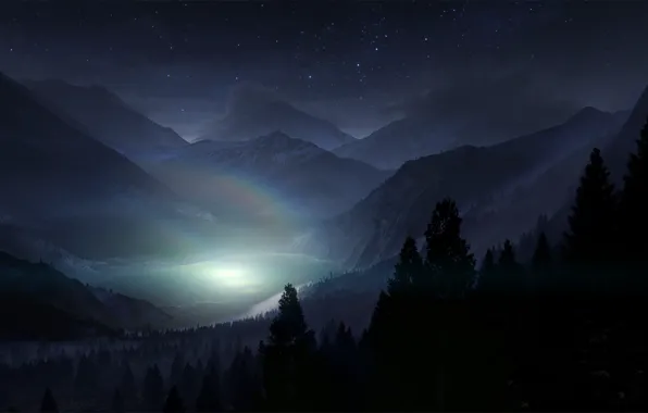 Картинка лес, небо, звезды, свет, деревья, пейзаж, горы, ночь, природа, туман, озеро, тень, радуга, силуэт
