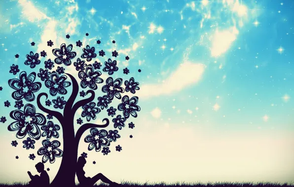Картинка небо, трава, звезды, дерево, мальчик, девочка, книга, цветочки, сидят