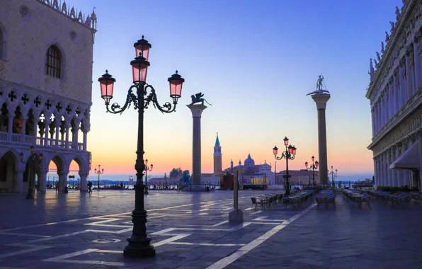 Картинка утро, Италия, Венеция, дворец дожей, пьяцетта, колонна Святого Марка, колонна святого Теодора