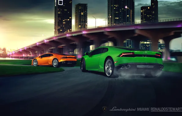 Картинка green, скорость, Lamborghini, поворот, rear, brige, orang, LP 610-4, Huracan, LB724