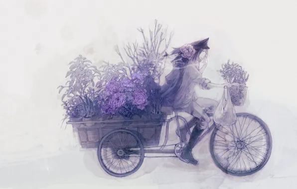Картинка цветы, велосипед, аниме, тележка, парень
