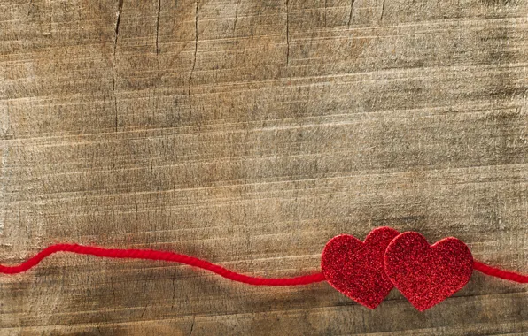 Картинка фон, дерево, сердца, сердечки, красные, нитка