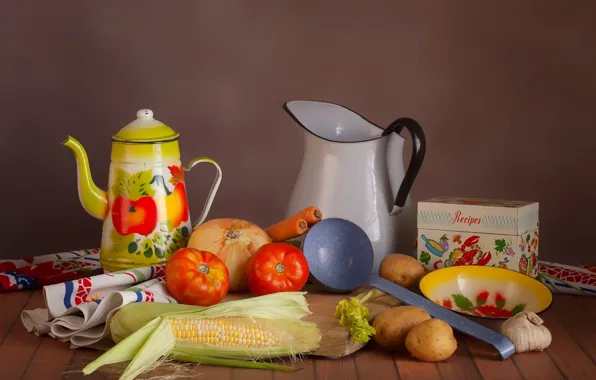 Картинка кукуруза, лук, посуда, натюрморт, овощи, помидор, картофель
