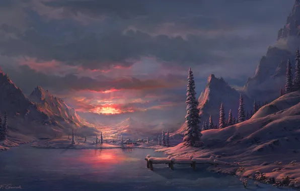 Картинка зима, горы, озеро, рассвет, арт, Fel-X