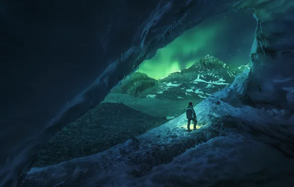 Картинка Light, Frozen, Canada, Blue, Winter, Night, Snow, Travel, Cave, Door, Athabasca
