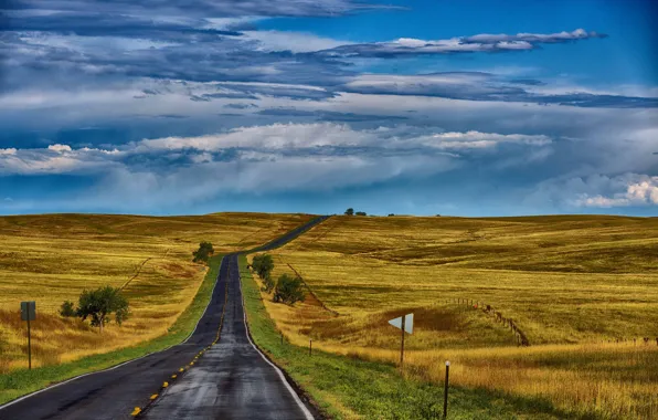 Картинка дорога, поле, осень, небо, трава, холмы, простор, США, Небраска