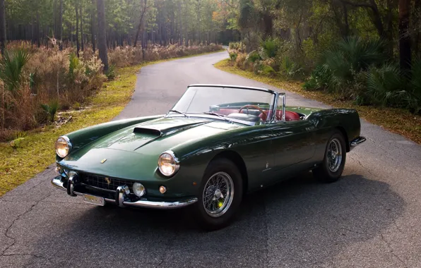 Картинка дорога, лес, фон, Феррари, зелёный, Ferrari, передок, Cabriolet, 1959, 400, SWB, Superamerica, Суперамерика