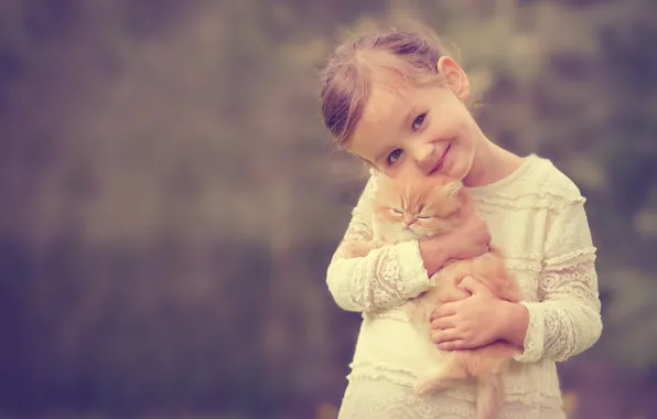 Картинка улыбка, настроение, девочка, котёнок, друзья, рыжий котёнок