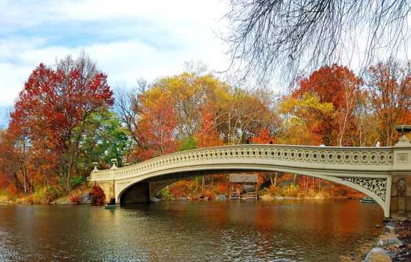 Картинка осень, листья, деревья, мост, парк, река, landscape, nature, bridge, park, autumn, leaves, tree