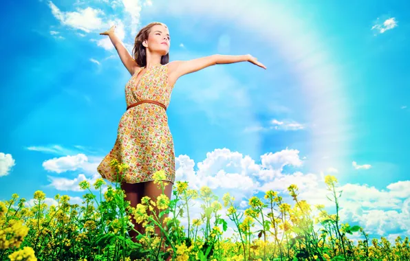 Картинка небо, девушка, облака, природа, радуга, rainbow, girl, шатенка, sky, brown hair, nature, clouds, полевые цветы, …