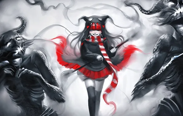 Картинка красное, арт, монстры, девочка, сердечки, рога, черно-белое, нежить, sakimichan, шарф. ухмылка