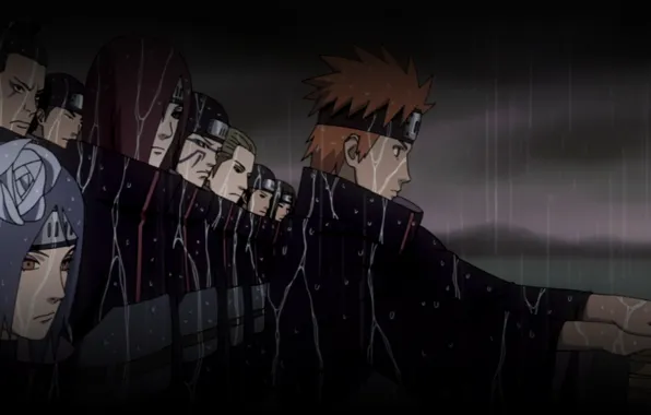 Картинка ночь, Naruto, ливень, отряд, ninja, Akatsuki, Yahiko, Nagato, Konon